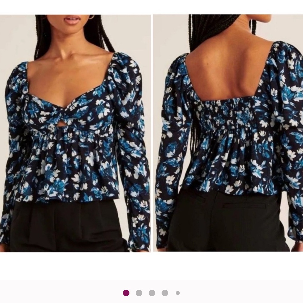 NWT blue and black floral long sleeve smocked waist blouse